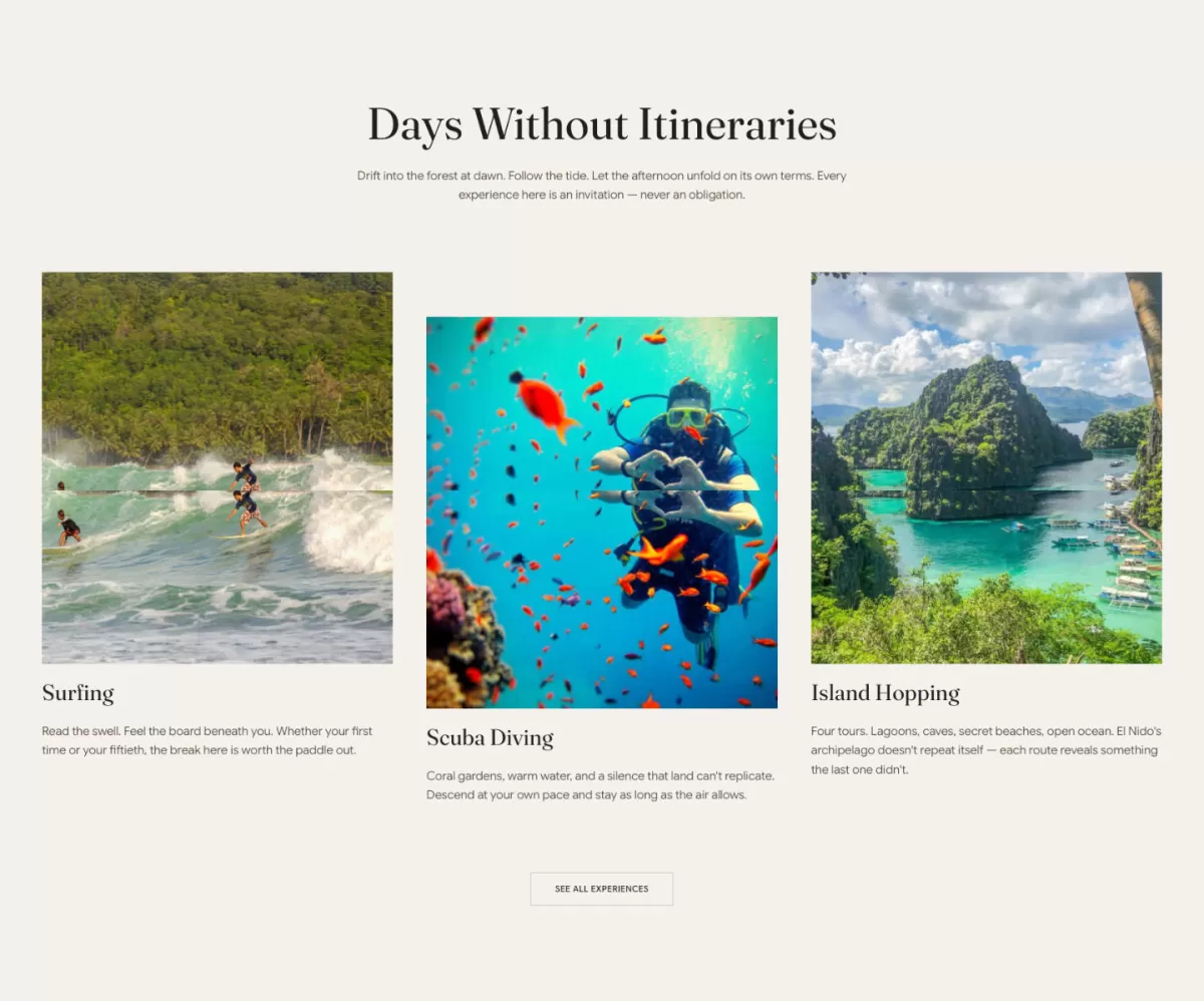 'Days Without Itineraries' section with experience cards for surfing, scuba diving and island hopping.