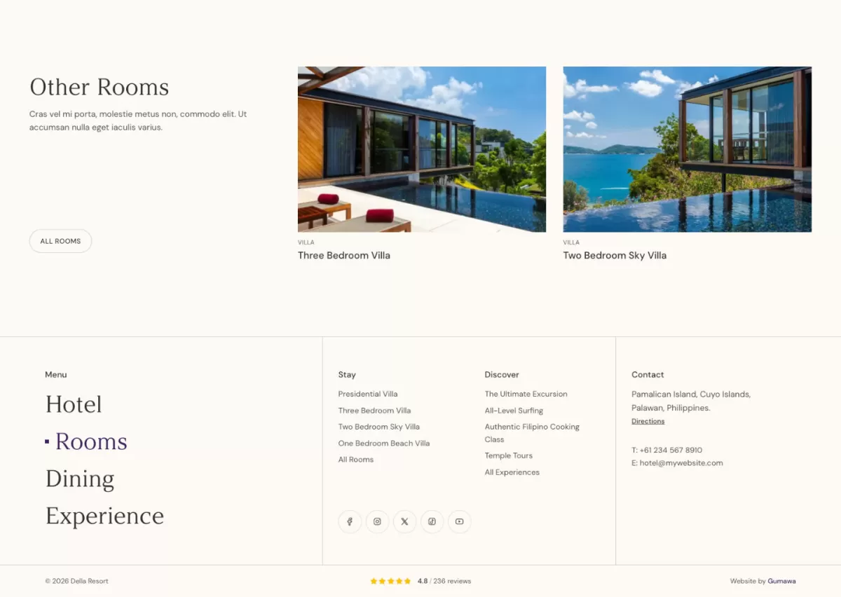 'Other Rooms' section with two villa cards above the Della site footer and navigation menu.