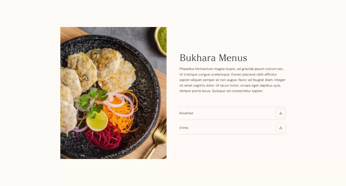'Bukhara Menus' section: a plated dish with salad beside downloadable breakfast and drinks menus.