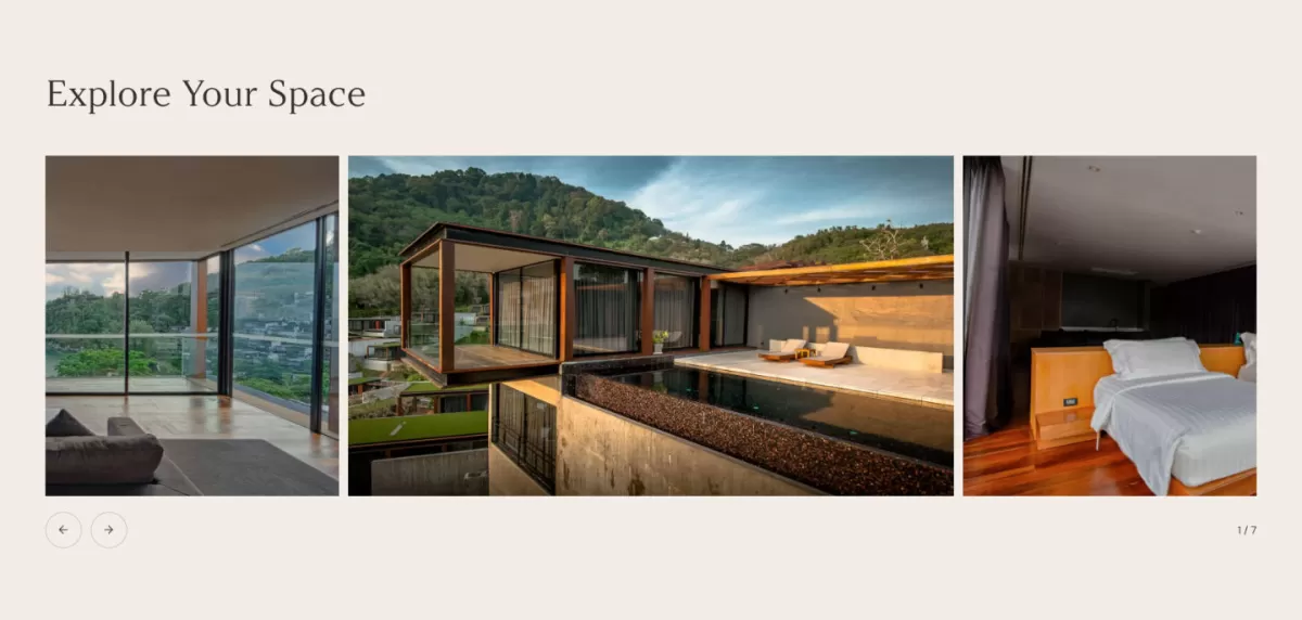 'Explore Your Space' carousel showing a glass-walled living room, a pool pavilion and a bedroom.