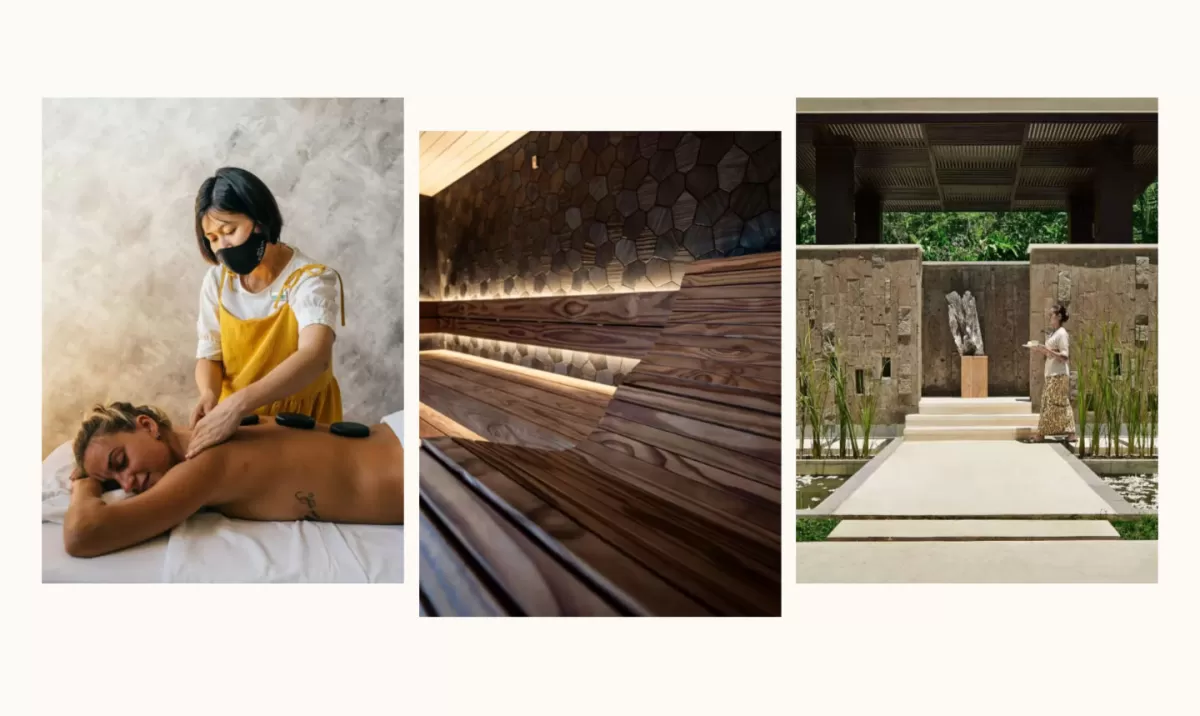 Three wellness photos: a hot stone massage, a timber sauna and a stone courtyard entrance.