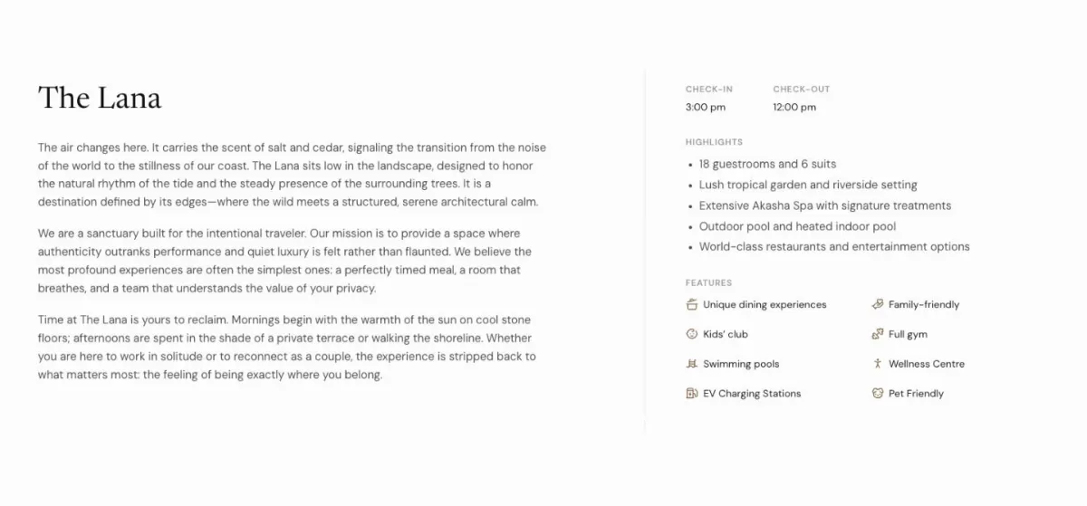 Hotel overview page with check-in and check-out times, highlights and a grid of feature icons.