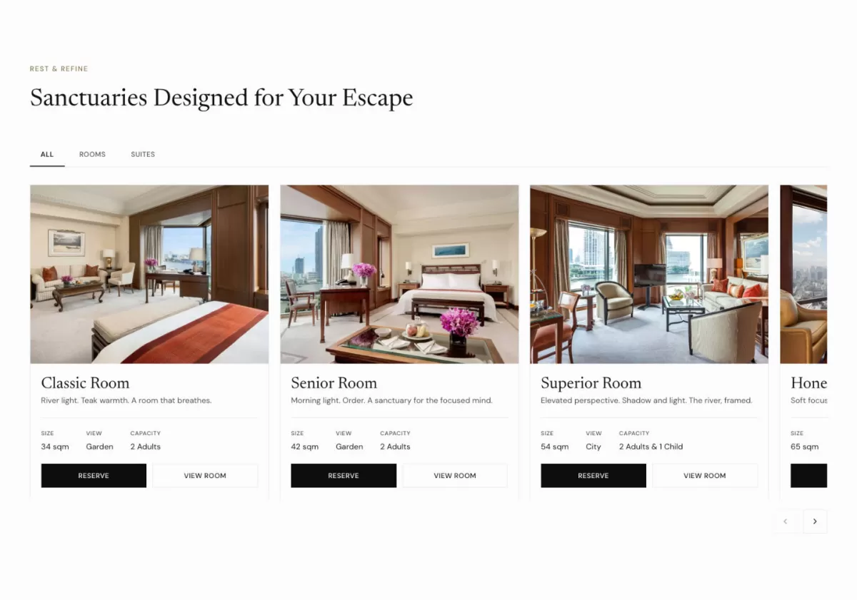'Sanctuaries Designed for Your Escape' carousel of room cards with size, view, capacity and reserve buttons.