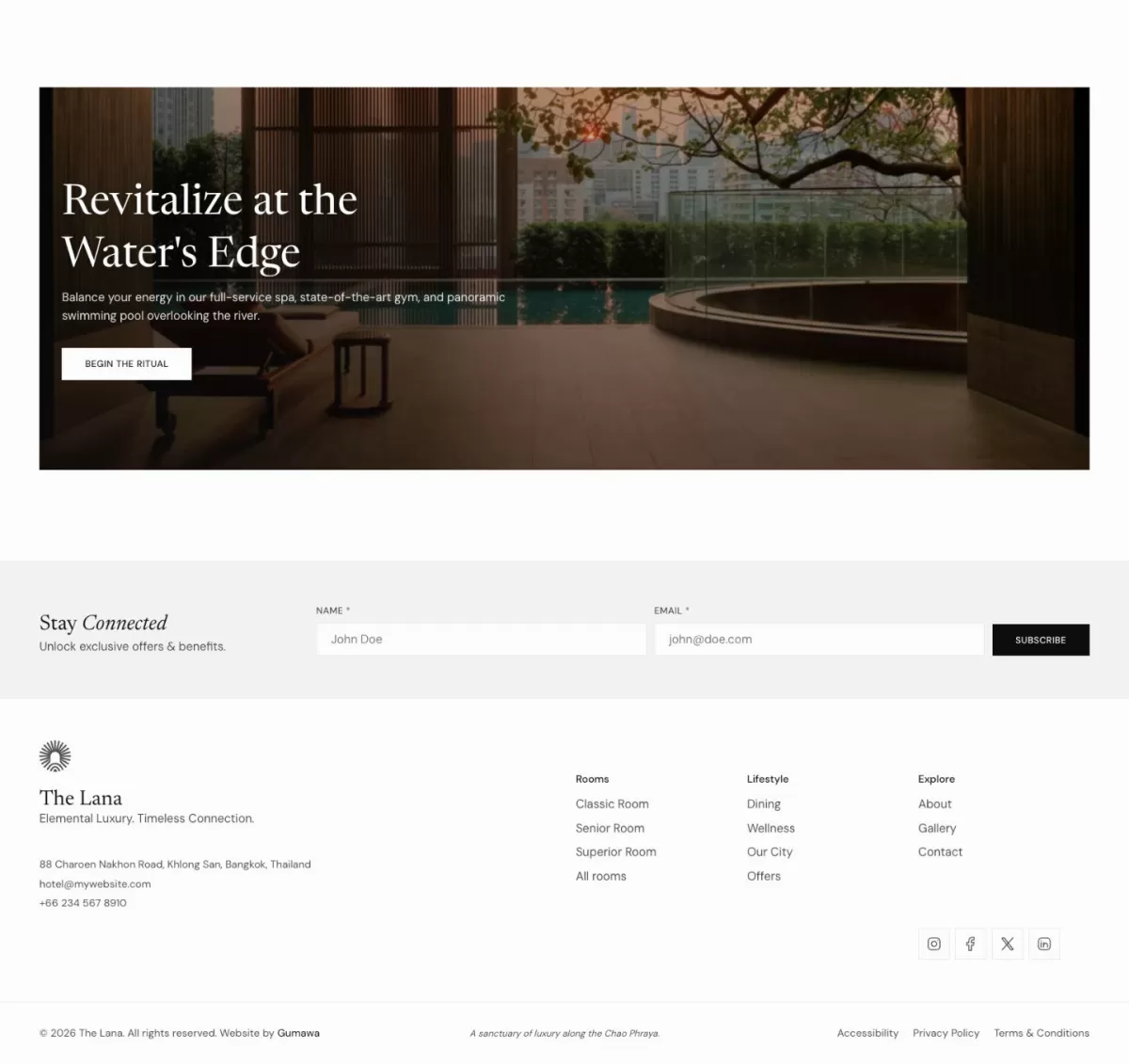 'Revitalize at the Water's Edge' spa banner above a newsletter sign-up and The Lana site footer.