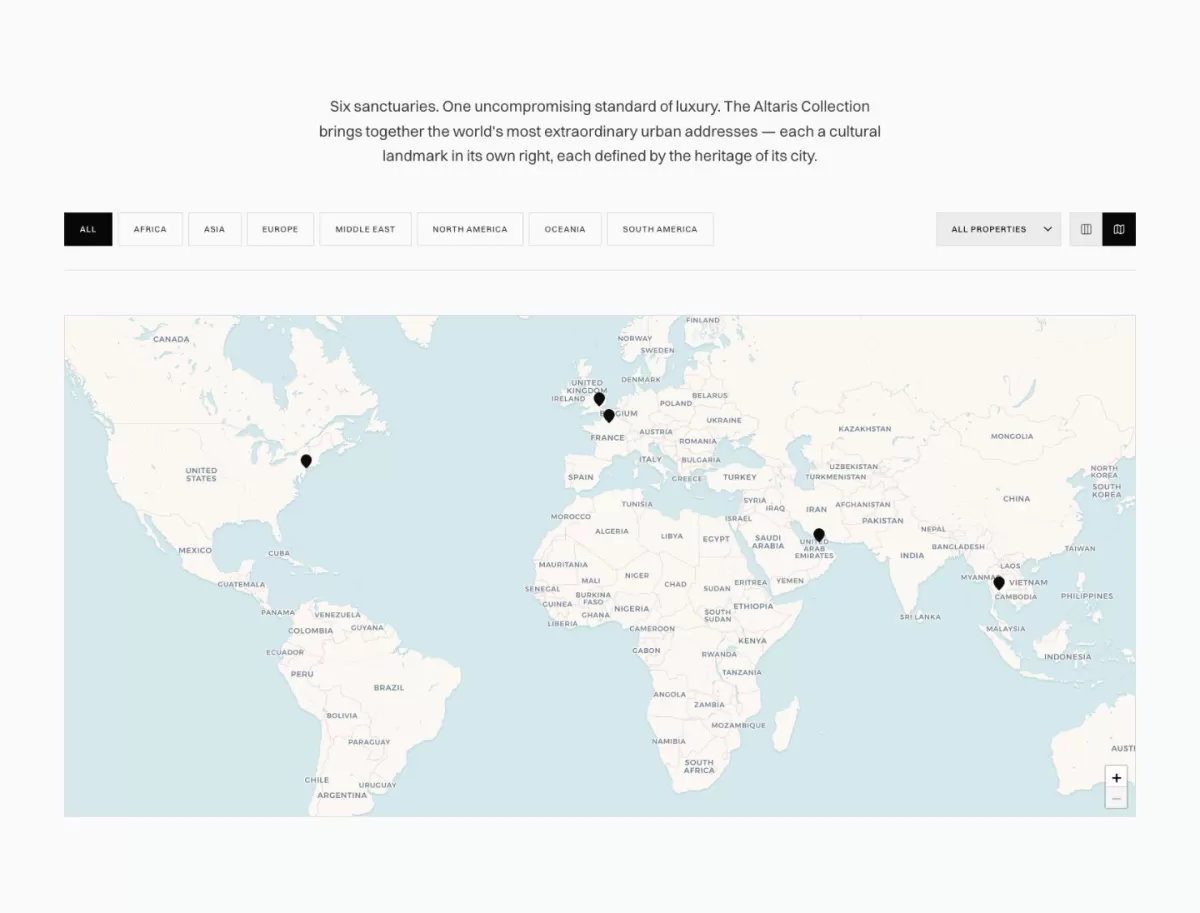 A clean vector world map illustration marked with black destination pins across North America, Europe, the Middle East, East Asia, and Southeast Asia.