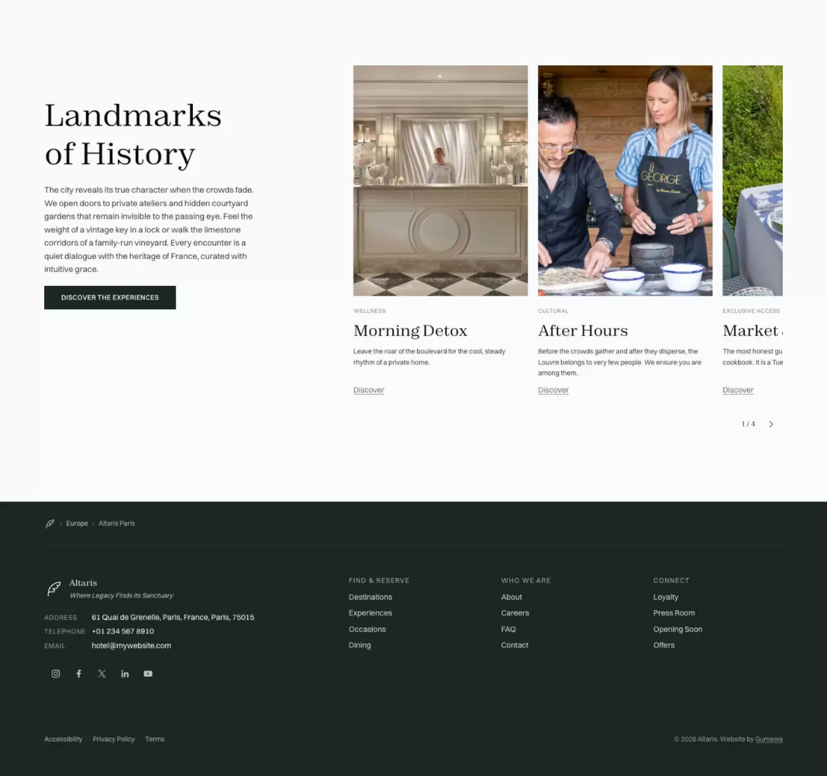 A three-column grid section on a luxury hotel website showing an elegant spa reception desk, a culinary masterclass session, and an outdoor dining area under the heading Landmarks of History.
