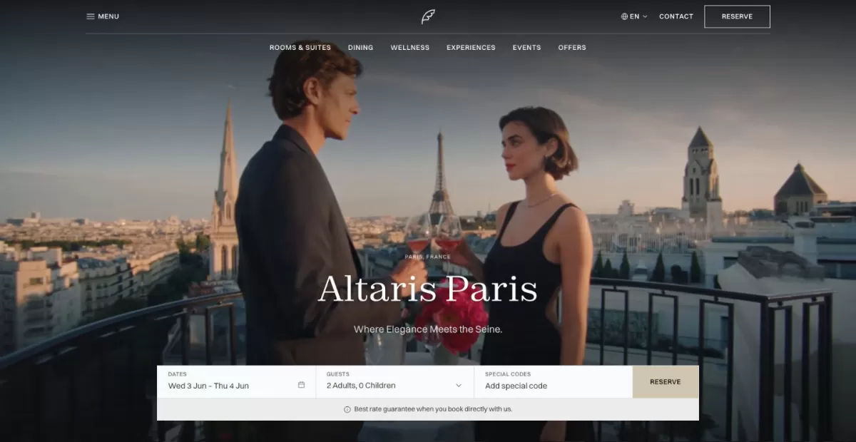 A couple raising glasses of red wine on a luxury balcony at sunset overlooking the Paris skyline, featuring the Eiffel Tower and historic church spires, as part of the Altaris Paris website hero section.