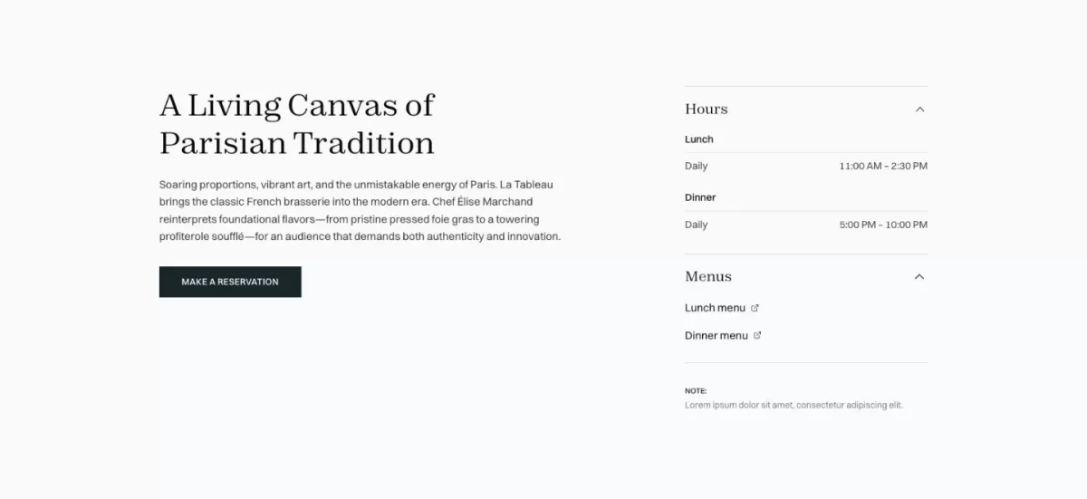 A clean minimal web interface displaying operating hours and menu links next to a paragraph describing traditional French brasserie cuisine at Altaris Paris.