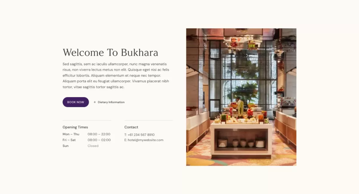 A website dining section for Bukhara restaurant displaying opening times, contact info, and a split layout featuring an indoor buffet station with reflective mirrored ceilings.