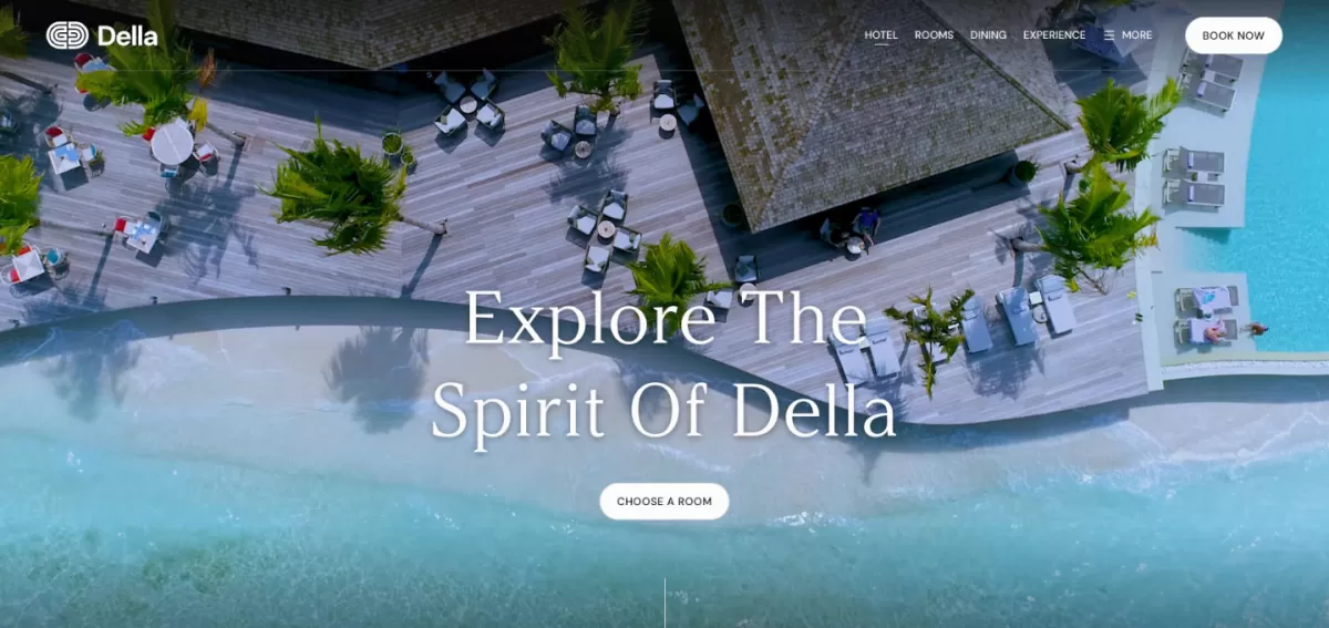 An overhead drone perspective of the website homepage for Della Resort, showcasing a sprawling wooden deck lounge built along a pristine white sand beach and clear turquoise water.