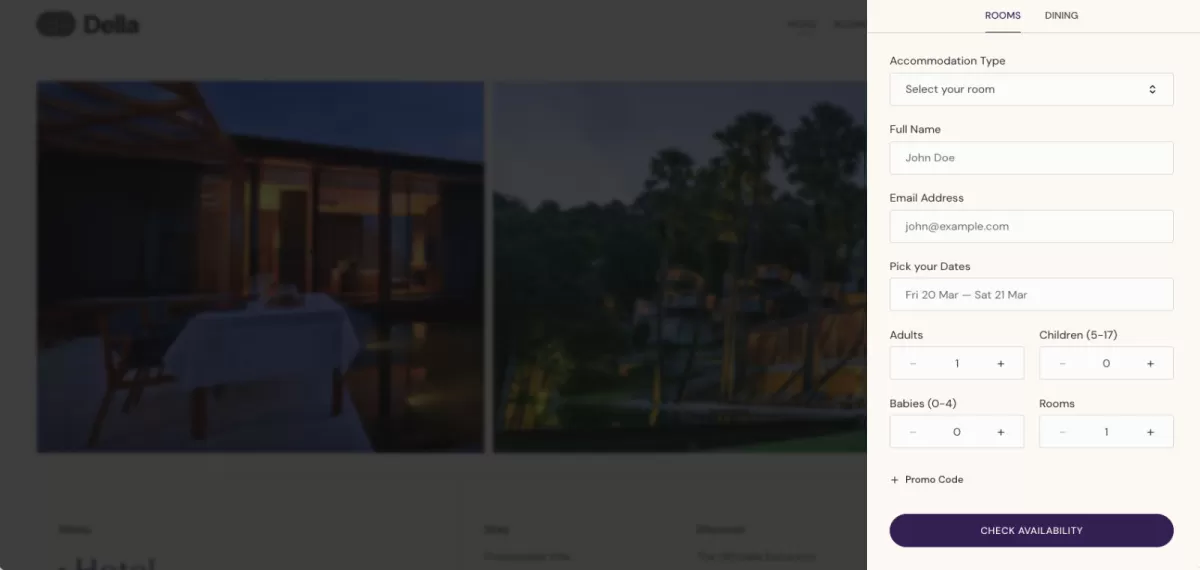 A booking interface overlay with a room selection form, date picker, and guest counter over a blurred background of the resort at night.