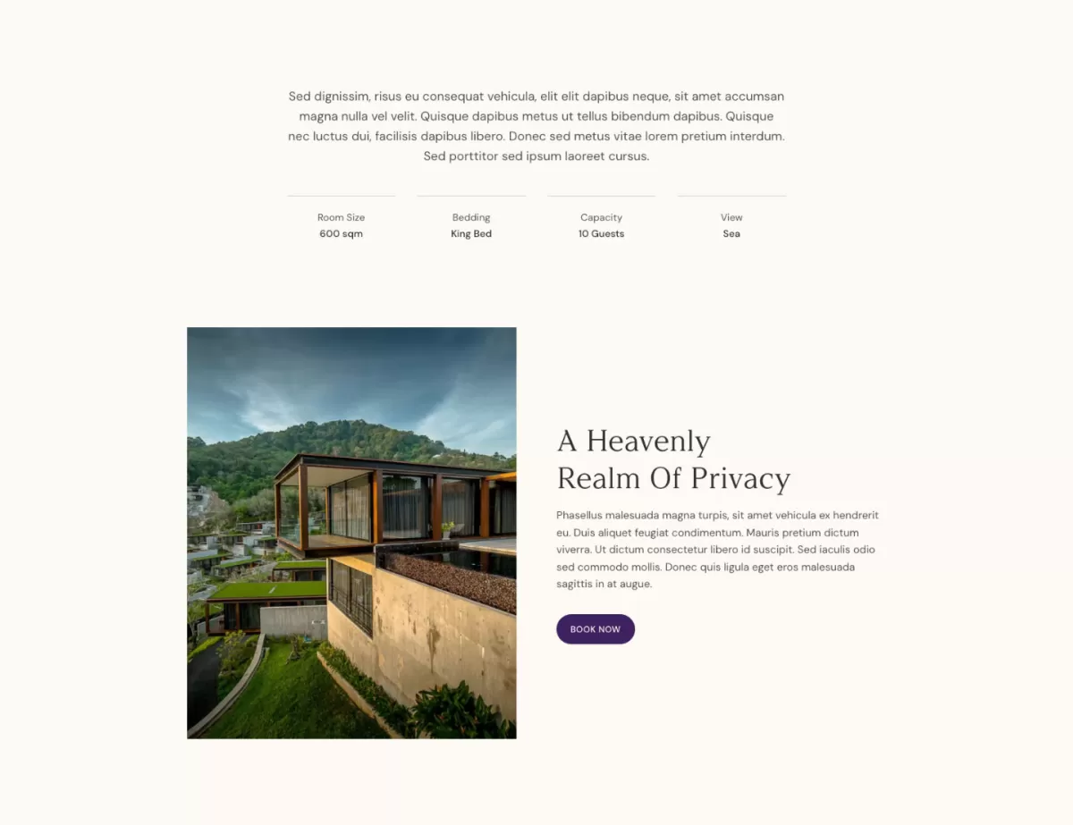 A modular website section displaying accommodation specifications for size, bedding, and capacity above a vertical photo of a luxury glass-walled cantilevered villa overlooking a green hillside valley.
