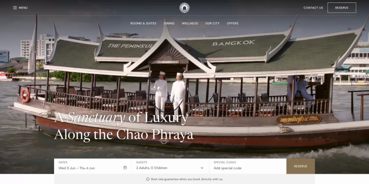 Here is the descriptive alternative text for each of your website screenshot assets at The Lana:  lana-gal-img-01.jpg Alt Text: "A website header screenshot for The Lana featuring a large traditional Thai river boat with two uniformed staff standing on deck under the text 'A Sanctuary of Luxury Along the Chao Phraya'.