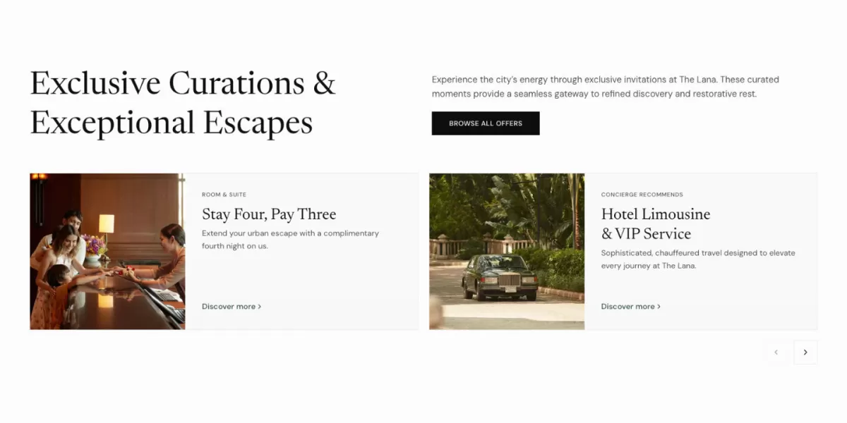 A website promotion grid section under 'Exclusive Curations & Exceptional Escapes', featuring promo cards for a 'Stay Four, Pay Three' check-in offer and a 'Hotel Limousine & VIP Service' with a vintage green car.